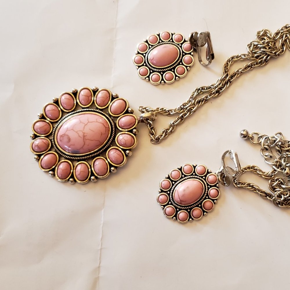 Turkish Soft Pink Howlite necklace with matching clip earrings here for Spring